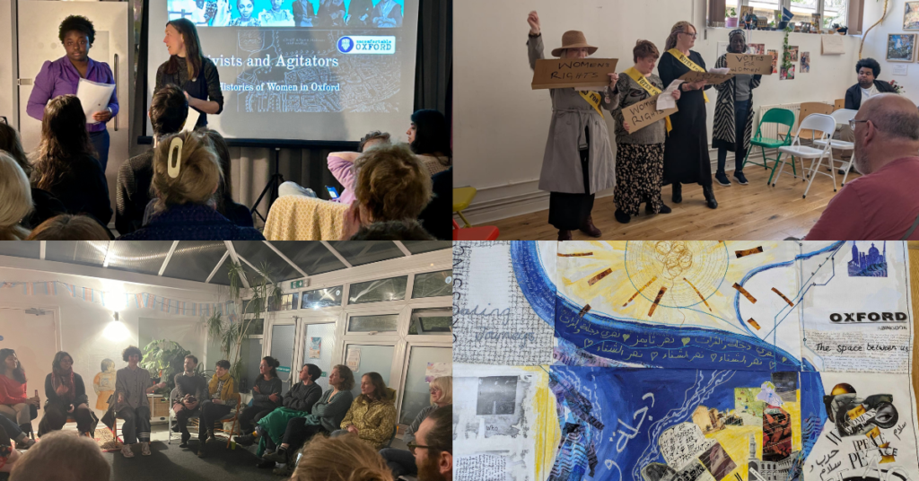 Four images. The first depicts two women on stage at the Uncomfortable Oxford talk. The second shows a group of actors performing at The Source. The third shows a group of people in a circle on chairs. The fourth shows a portion of an artwork by Rana Ibrahim
