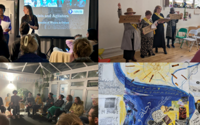Four images. The first depicts two women on stage at the Uncomfortable Oxford talk. The second shows a group of actors performing at The Source. The third shows a group of people in a circle on chairs. The fourth shows a portion of an artwork by Rana Ibrahim